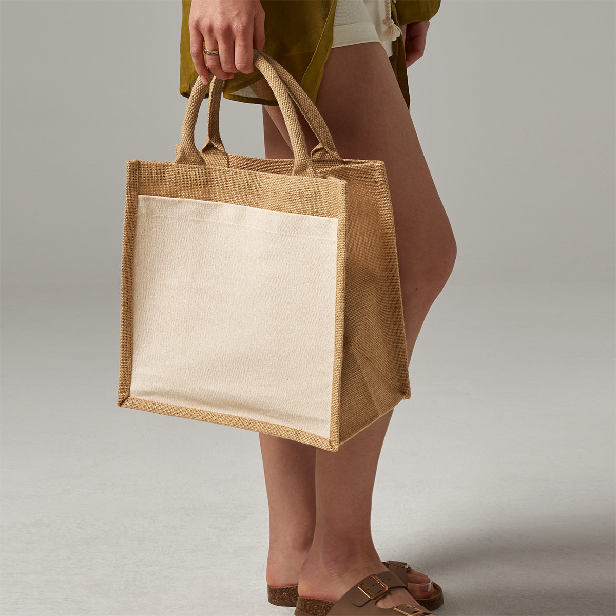 Cotton Pocket Jute Midi Tote - W426
